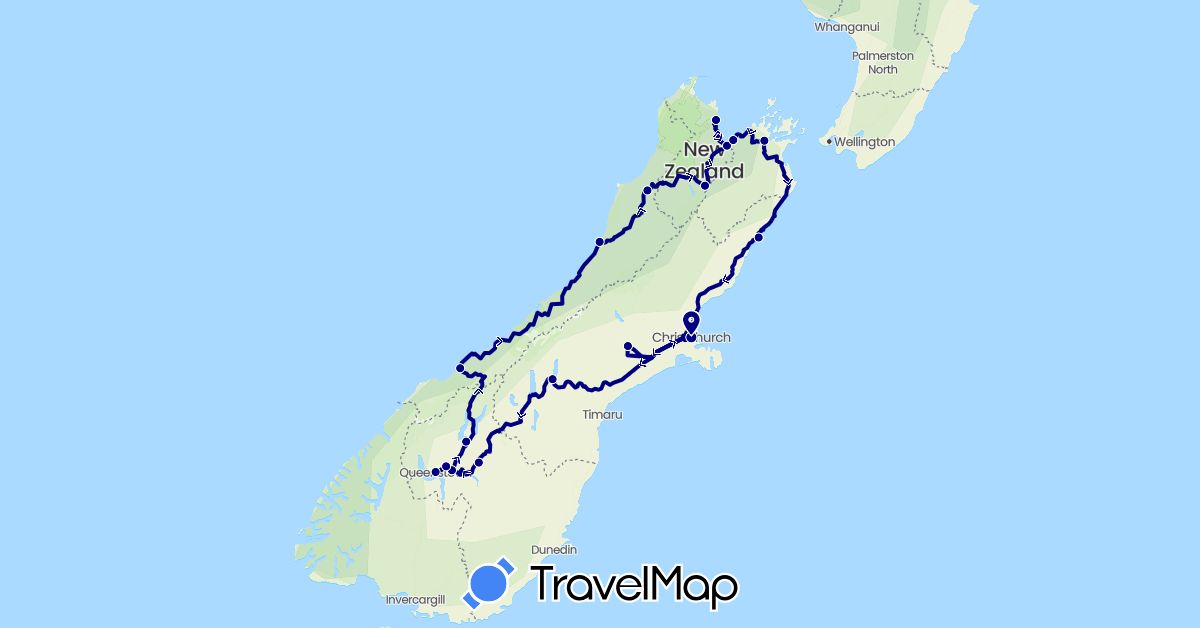 TravelMap itinerary: driving in New Zealand (Oceania)