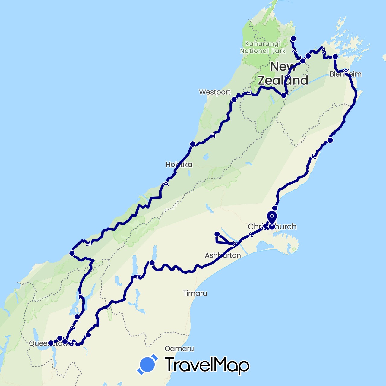 TravelMap itinerary: driving in New Zealand (Oceania)