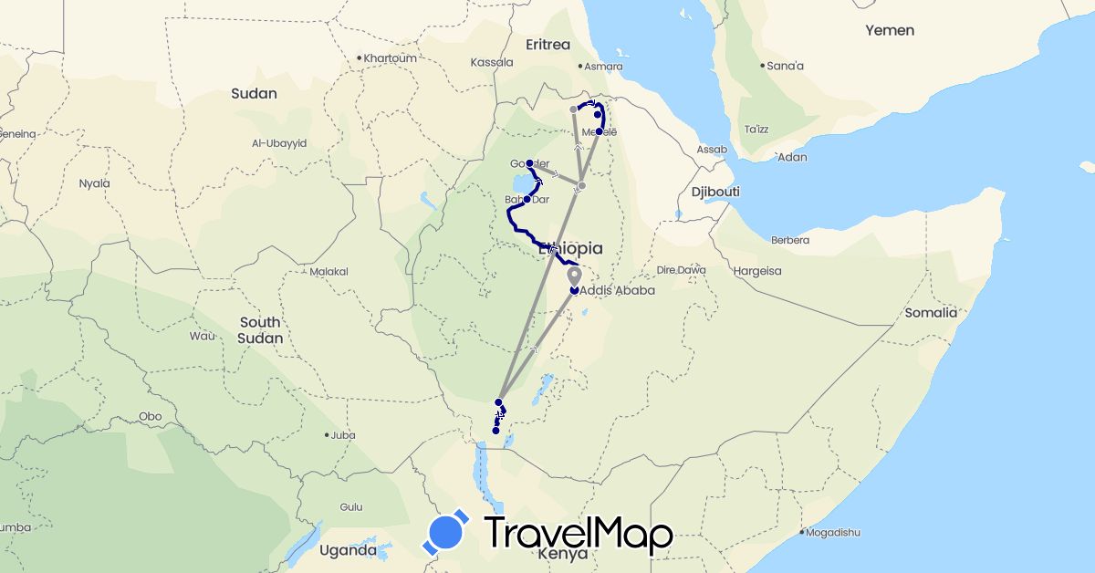 TravelMap itinerary: driving, plane in Ethiopia (Africa)