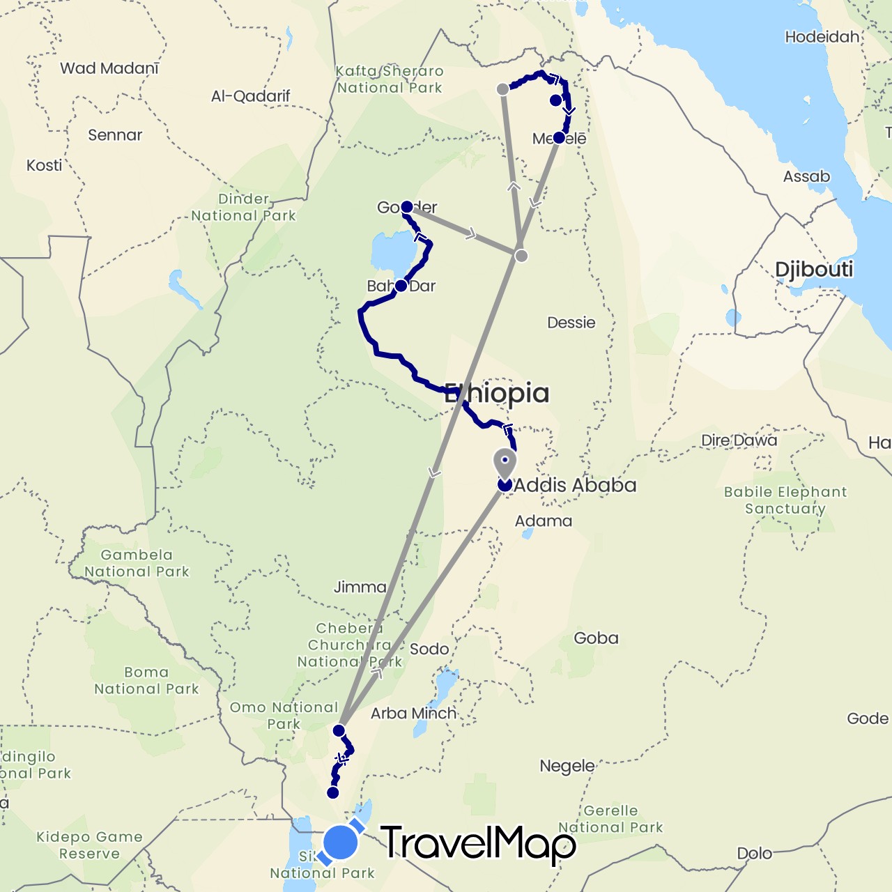 TravelMap itinerary: driving, plane in Ethiopia (Africa)