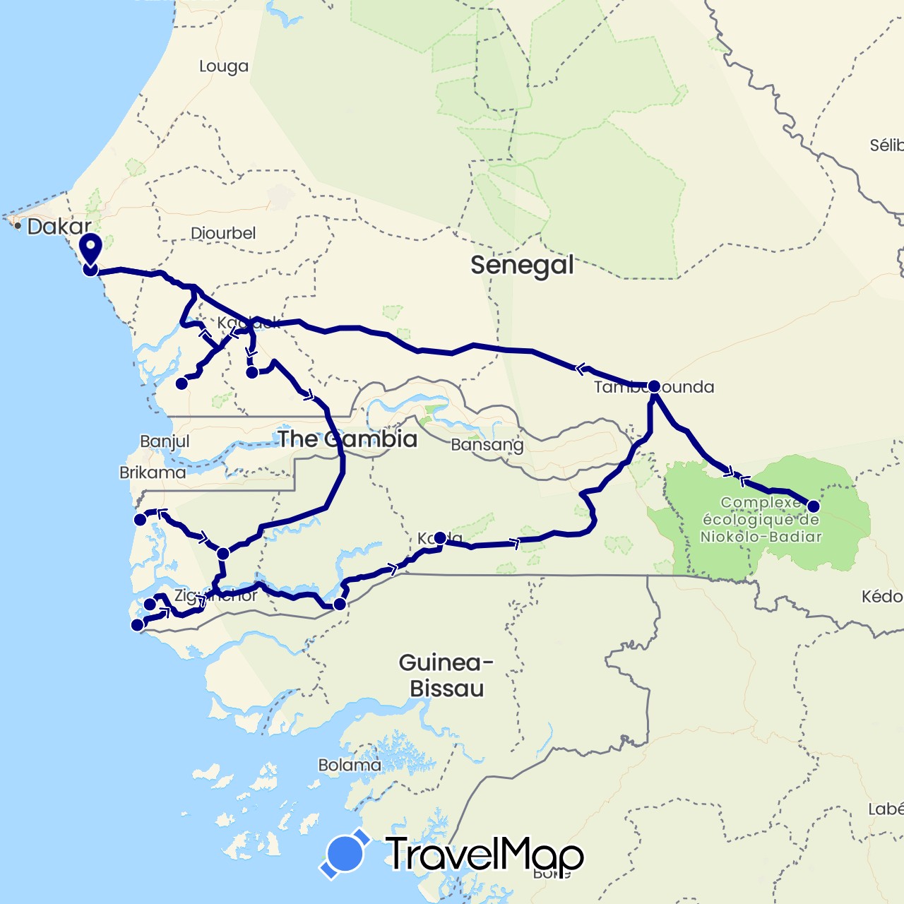 TravelMap itinerary: driving in Senegal (Africa)