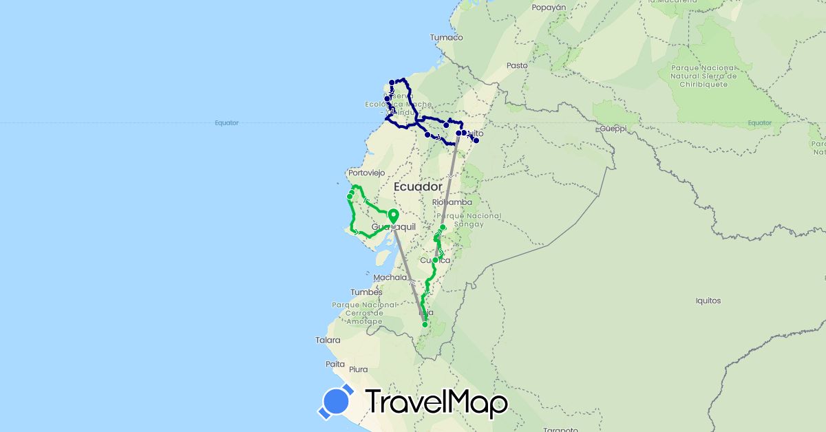 TravelMap itinerary: driving, bus, plane in Ecuador (South America)