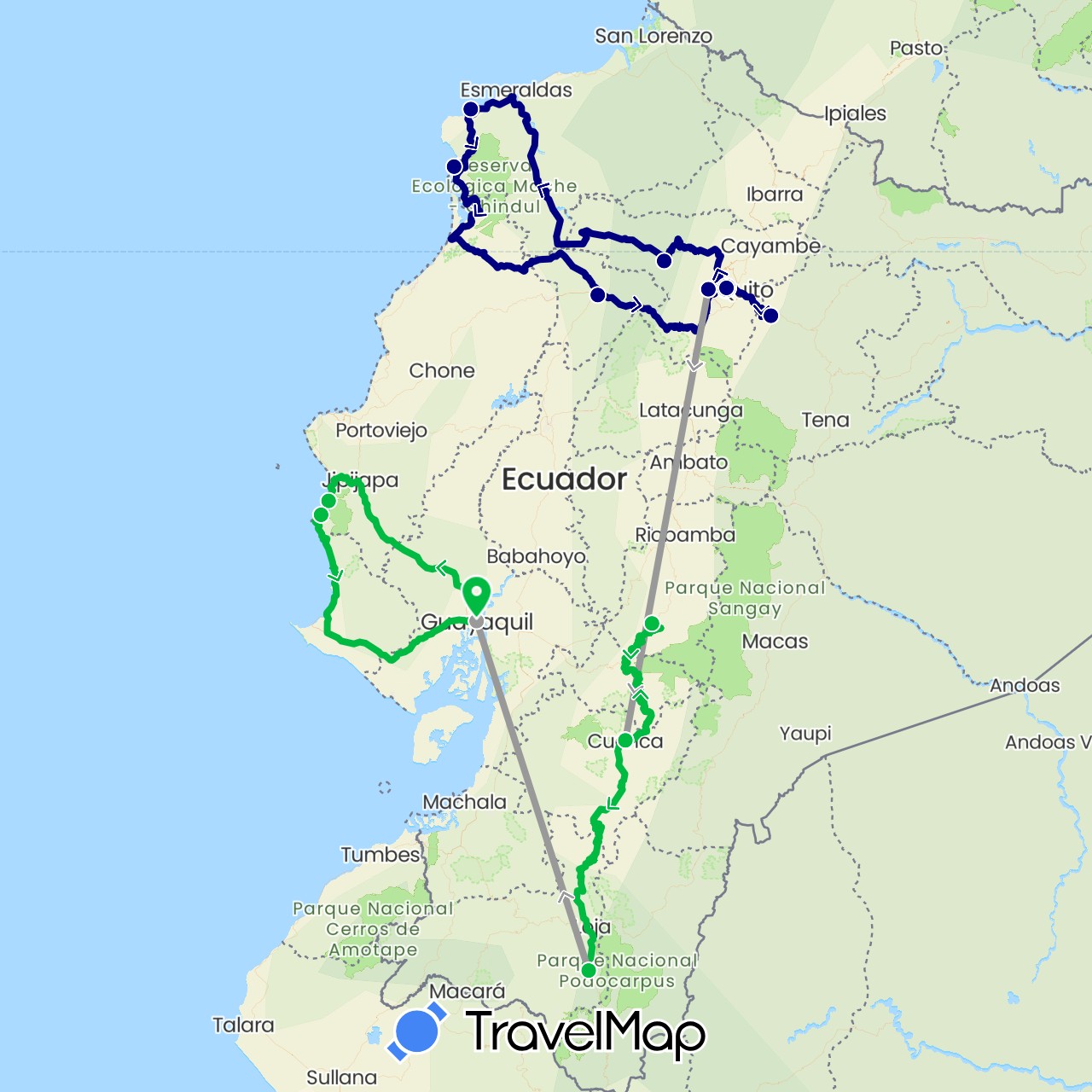 TravelMap itinerary: driving, bus, plane in Ecuador (South America)