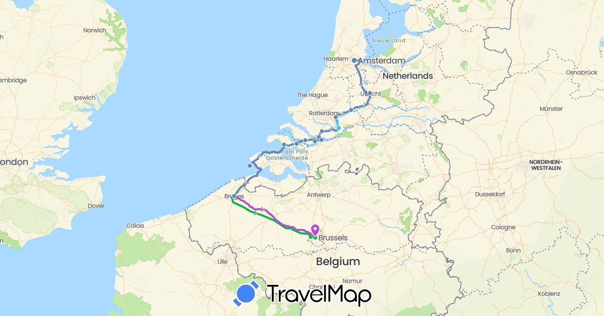 TravelMap itinerary: driving, bus, cycling, train, boat in Belgium, Netherlands (Europe)