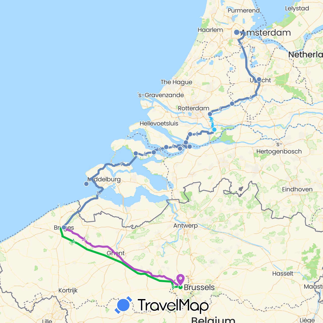TravelMap itinerary: driving, bus, cycling, train, boat in Belgium, Netherlands (Europe)