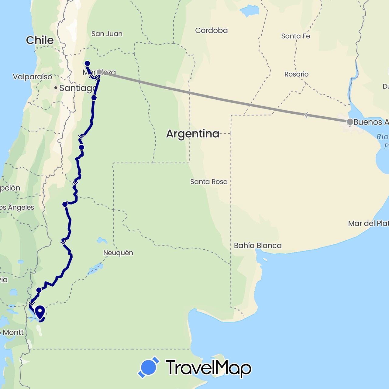 TravelMap itinerary: driving, plane in Argentina (South America)