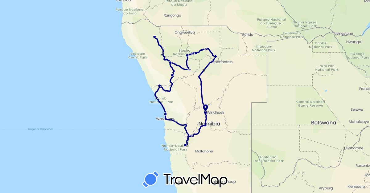 TravelMap itinerary: driving in Namibia (Africa)