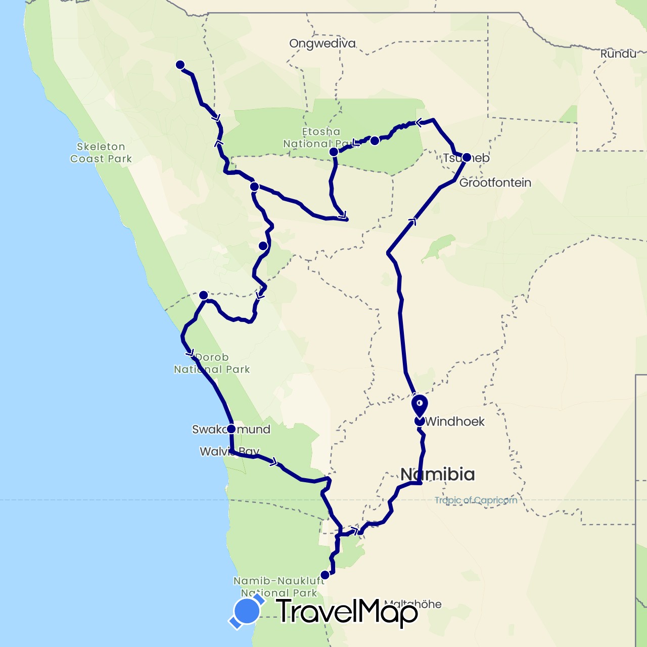 TravelMap itinerary: driving in Namibia (Africa)
